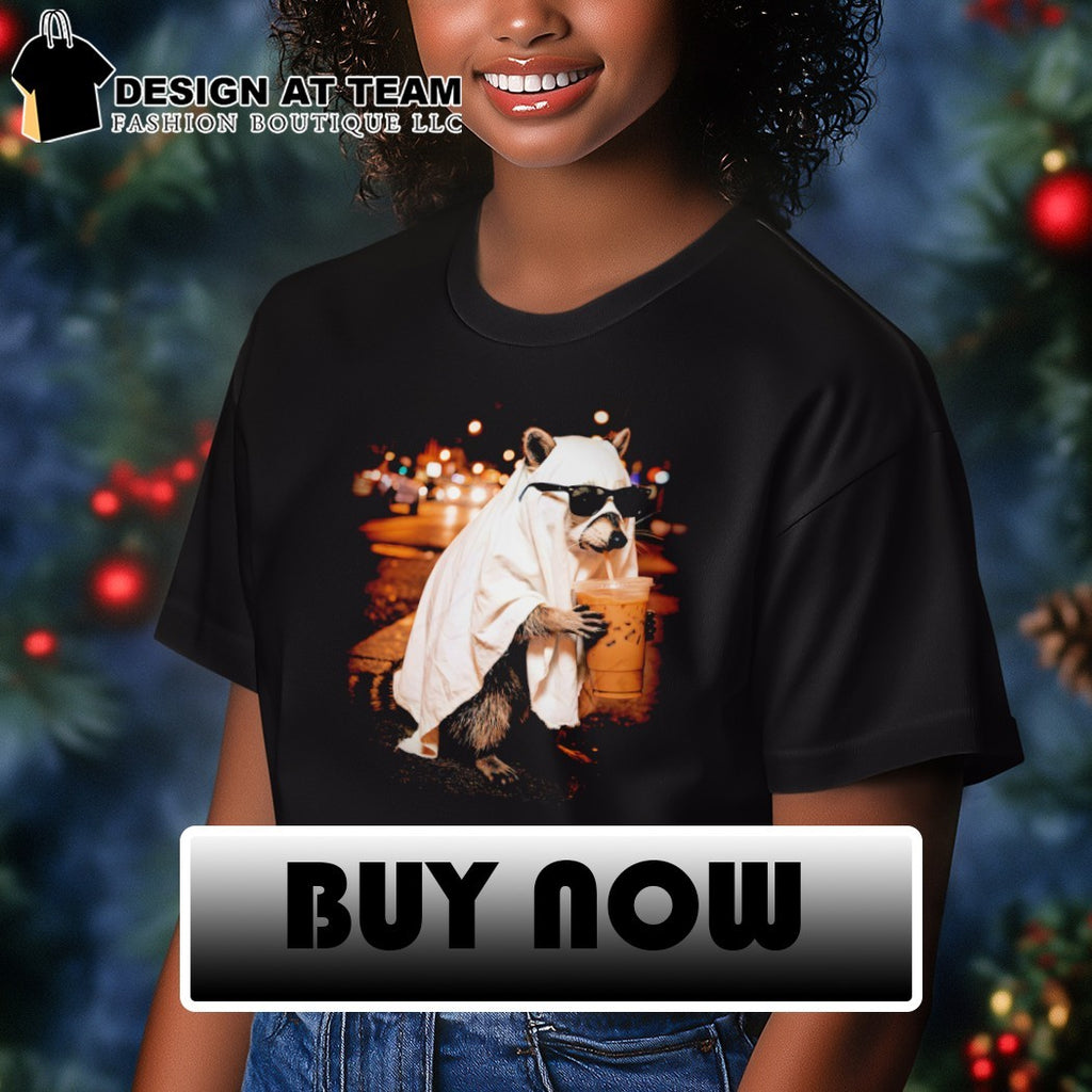 Ghost raccoon spooky iced coffee Happy Halloween shirt