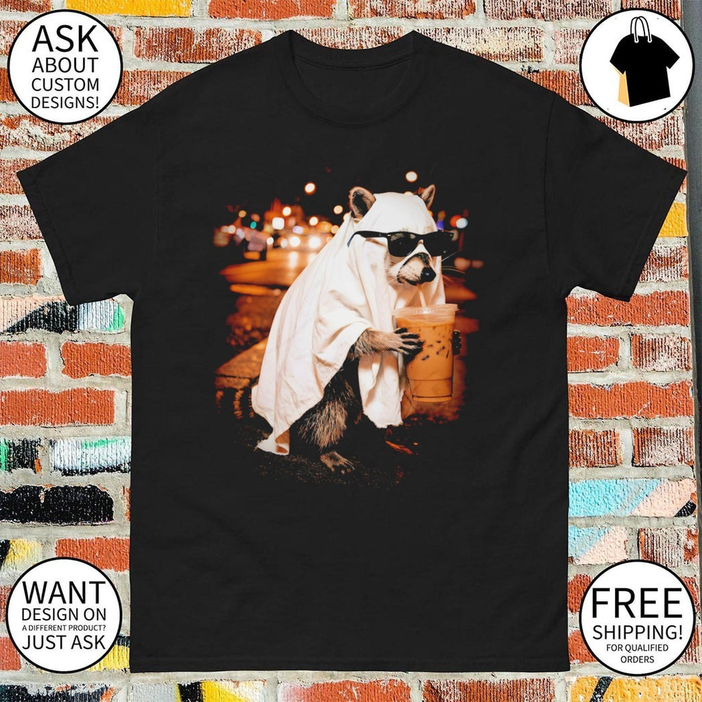 Ghost raccoon spooky iced coffee Happy Halloween shirt