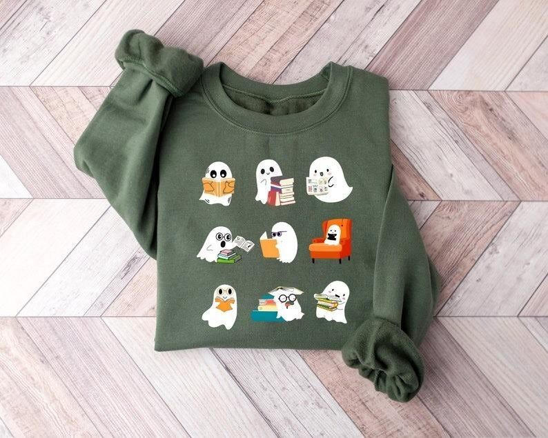 Ghosts Books Sweatshirt,Teacher Halloween Shirt,Halloween Ghost Reading Books Shirt,Book Lovers Tshirt,Halloween School...