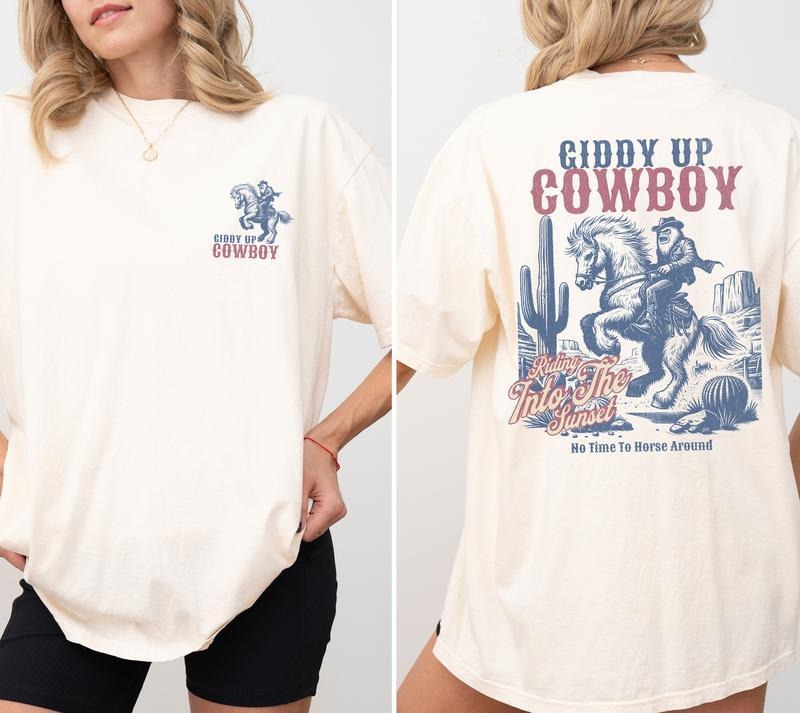 Giddy Up Cowboy Vintage Graphic T Shirt, Retro Cowboy Shirt, Rodeo Shirt, Vintage Washed Shirt, Giddy Up Tee, Unisex...