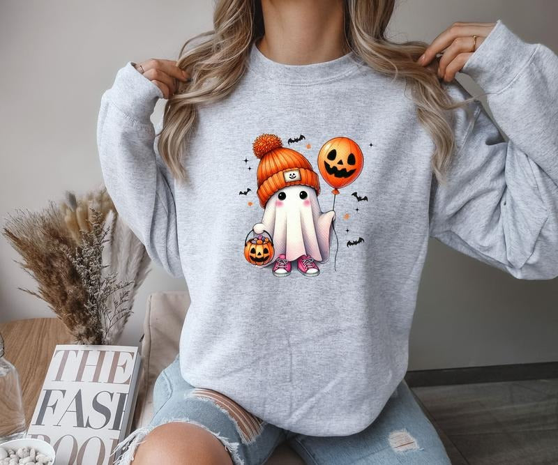 Gildan Ghost with Balloon Crewneck Sweatshirt Gray Cotton-Polyester Blend Loose Fit Casual Top for Women Comfortable Fit...