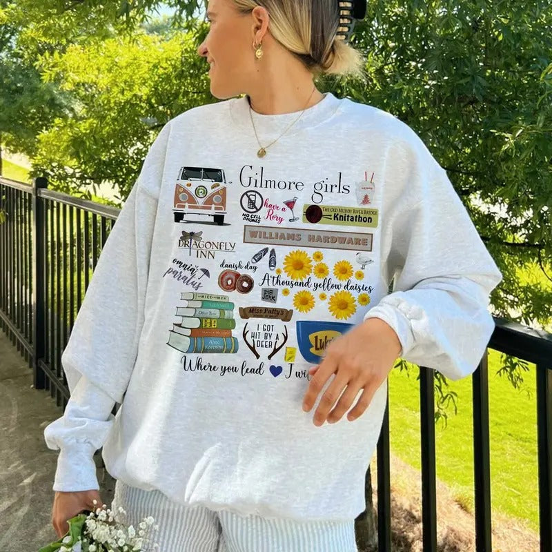 Gilmore Girls Sweatshirt - Vintage Sweatshirt with Booklish Print - Grey Color, Casual Style, Fit for Women, Womenswear...