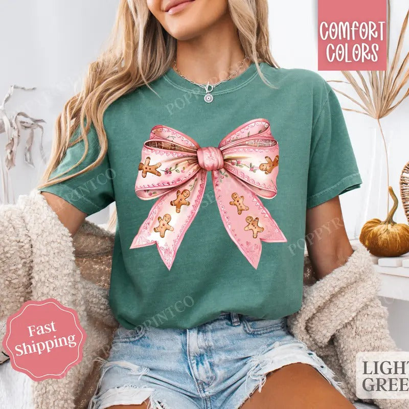 Gingerbread Bow Shirt Holiday Tshirt,  Women's Holiday Tee Hoodie, Sweatshirt | UrbanDripWear.com