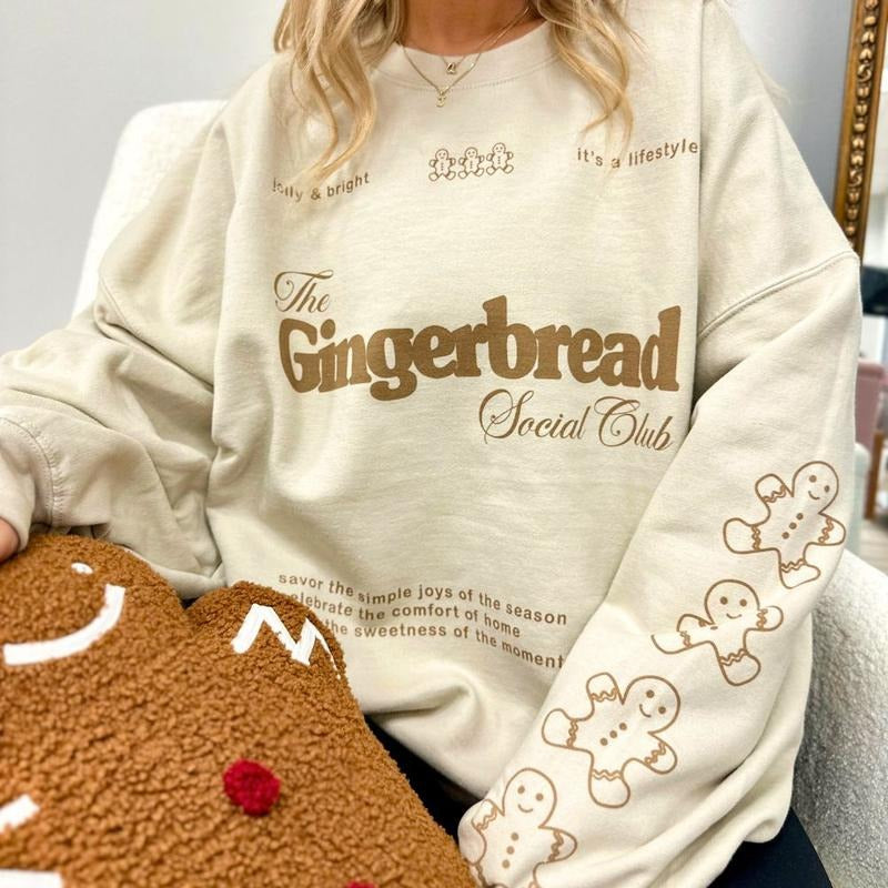 'Gingerbread Social Club' Sweatshirt, Festive Sleeve Print, Christmas Vibes Crewneck T-Shirts, Hoodie | UrbanDripWear.com