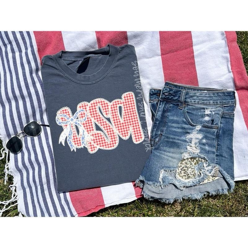 Gingham USA bow t shirt  | Denim comfort colors t shirt | 4th of July T shirt Hoodie, Sweatshirt | UrbanDripWear.com