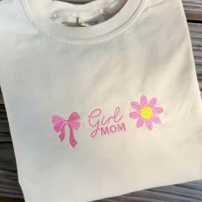 'Girl Mom' Flowers & Bows T-Shirt, Embroidery Comfort Colors Mama Tee Hoodie, Sweatshirt | UrbanDripWear.com