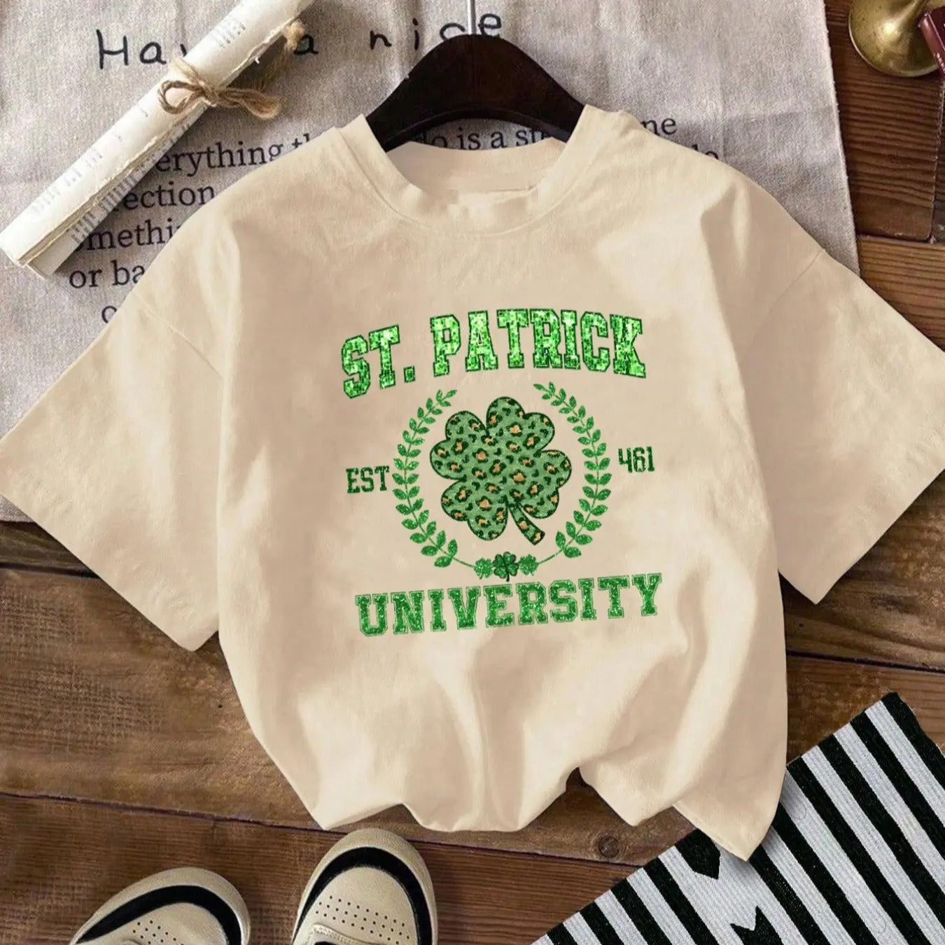 Girl's Plants & Letter Print Round Neck Tee, Casual Drop Shoulder Short Sleeve T-shirt for Daily Wear, Girls Top for All...
