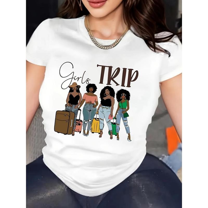 Girl's Trip Print Crew Neck T-shirt, Casual Short Sleeve Top For Spring & Summer, Women's Clothing Hoodie, Sweatshirt