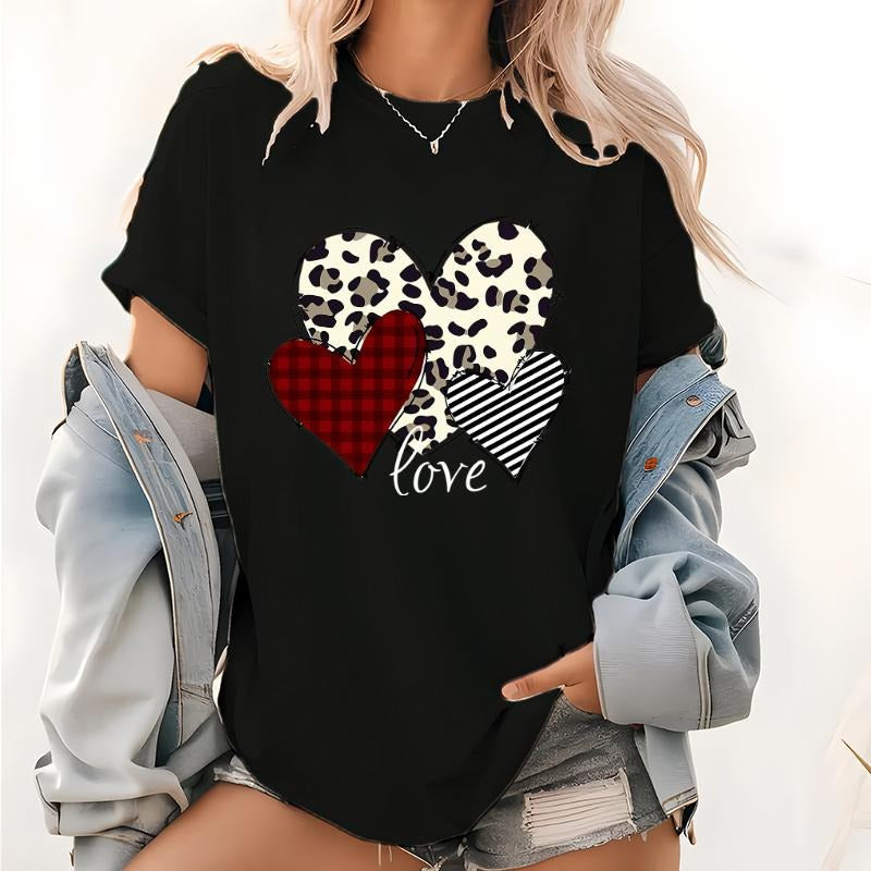 Women'S Casual Short Sleeve T-Shirt- Leopard Print Plaid Stripes Heart Pattern, Round Neck Spring Summer Top, Machine...