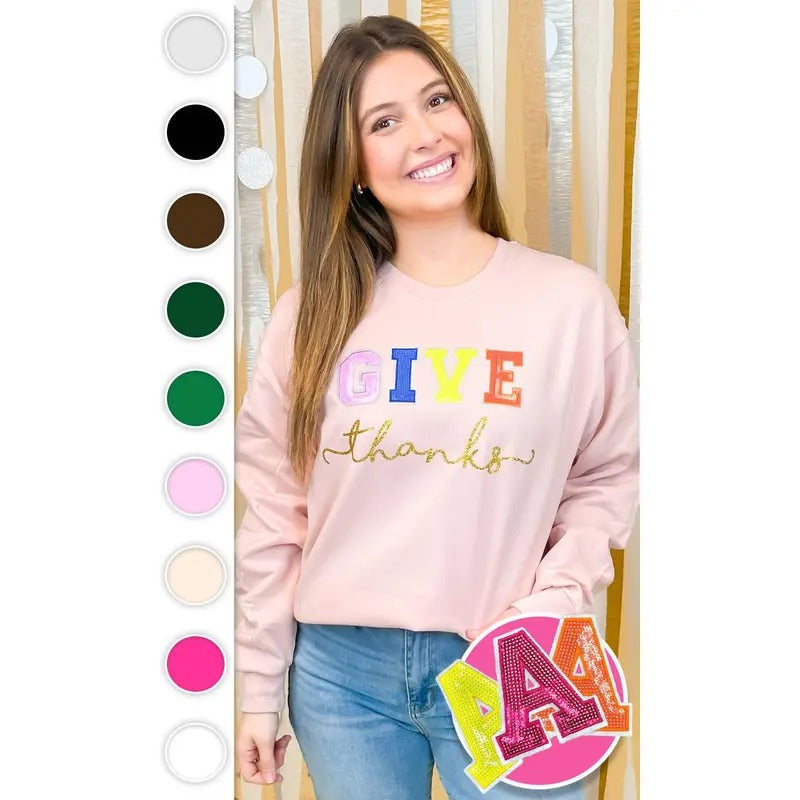 Give Thanks Sequin Graphic Sweatshirt T-Shirts, Hoodie | UrbanDripWear.com