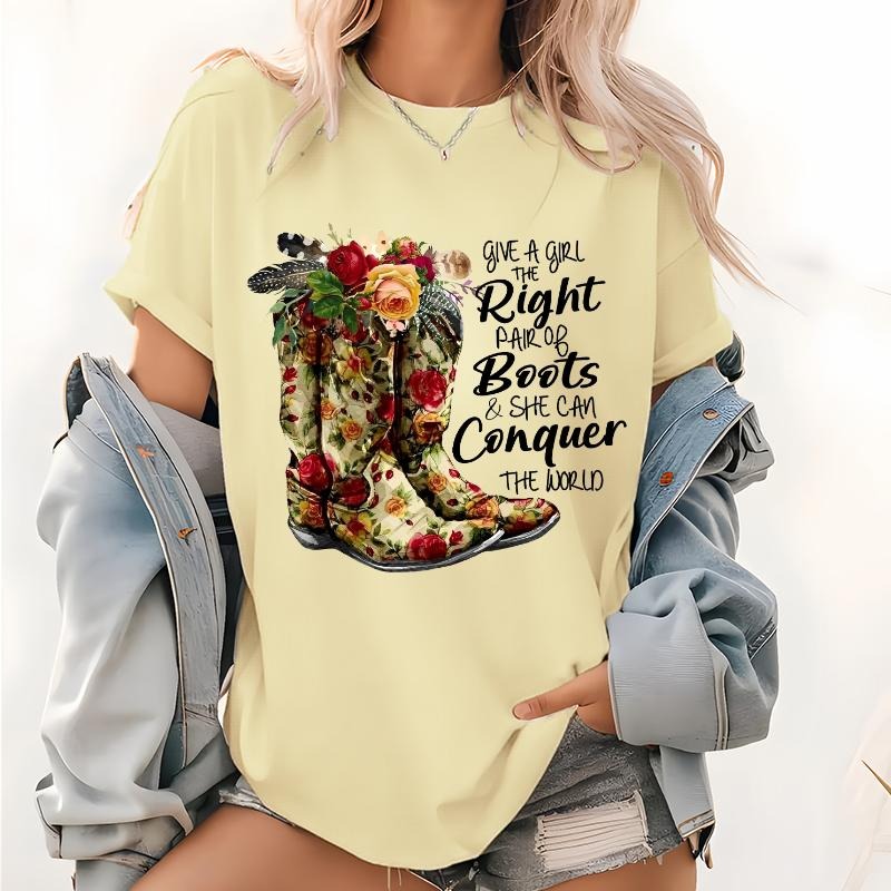 Give a Girl The Right Pair of Boots Pattern T Shirt, Floral Boho Print Boots Tops, Cowgirl Boots Graphics Tee