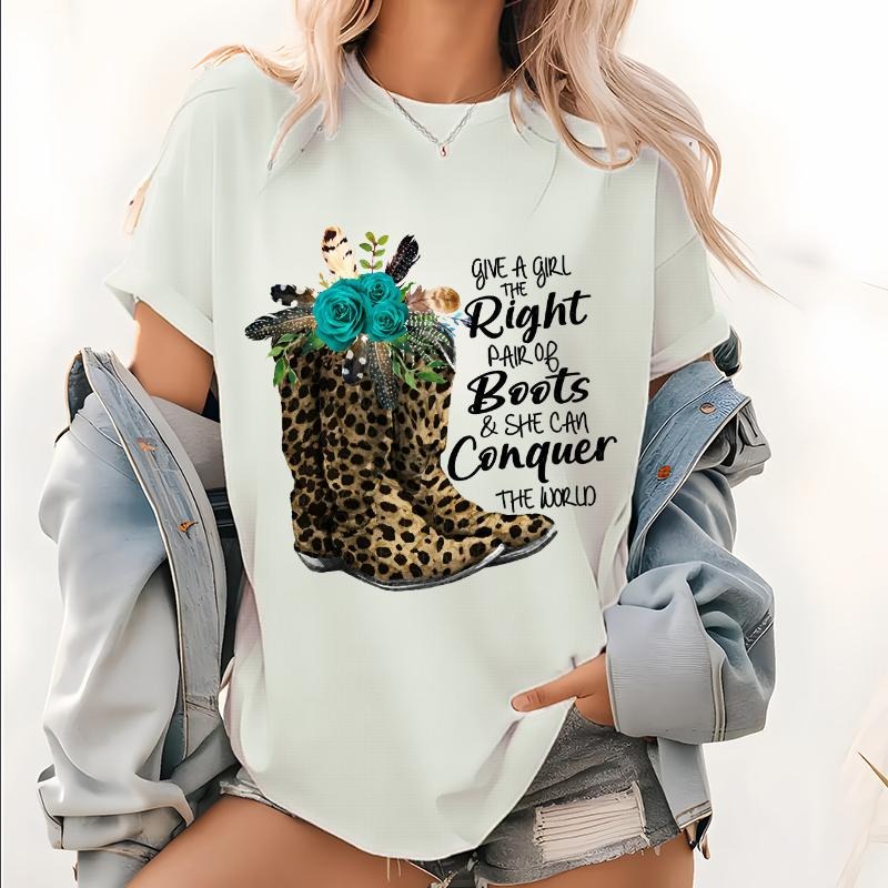 Give a Girl The Right Pair of Boots Pattern T Shirt, Floral Boho Print Boots Tops, Cowgirl Boots Graphics Tee style 02...