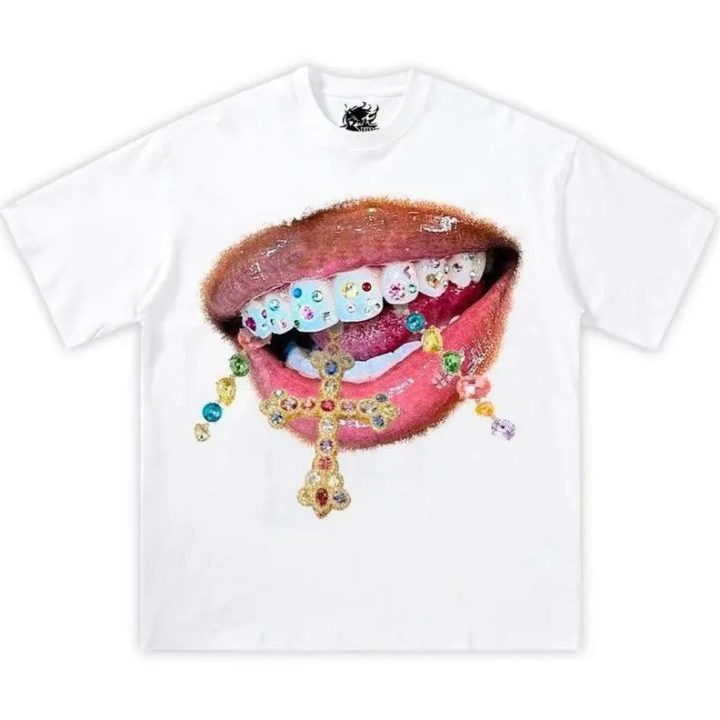 Glossy Jewelry Mouth Shirt Streetwear Y2K Tee Cotton Tee Shirt Opium Hoodie, Sweatshirt | UrbanDripWear.com