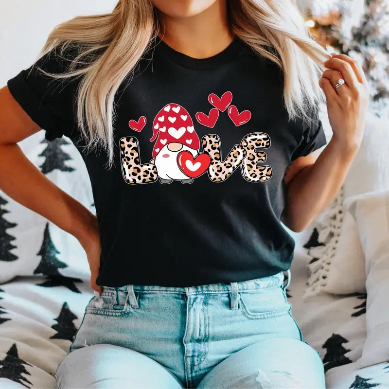 Gnomies Valentines Day Love T-Shirt, Valentine Gnome Shirt, Leopard Love Tee, Valentines Day Gift Tee, Gnome Lovers...