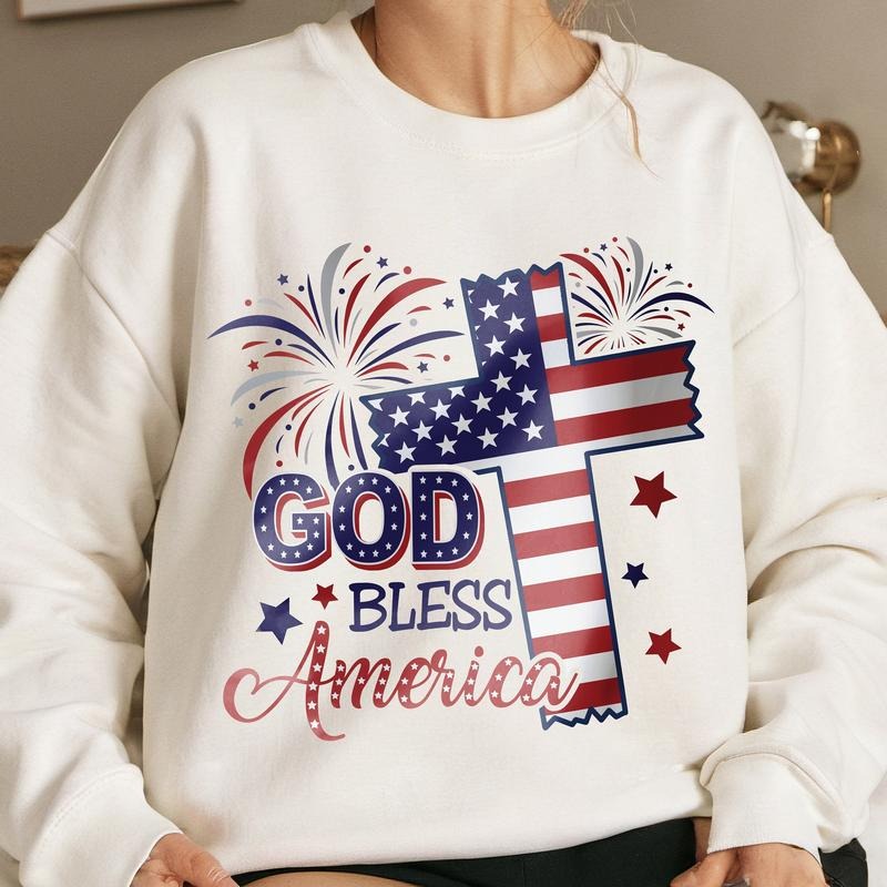 God Bless America 4th Of July T-shirt Shirt Patriotic Christian Tee American Flag Cross Hoodie Independent Day Shirt...
