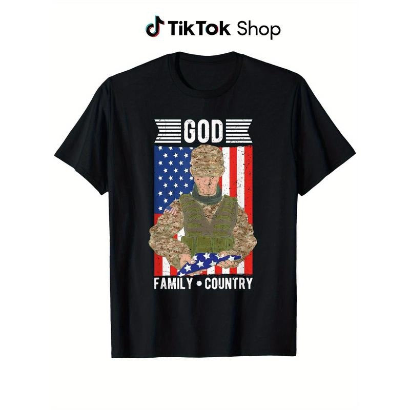 God Family Country American Flag Soldier Memorial Day T-Shirt, Black Crew Neck, Retro Design, Comfortable for Casual &...