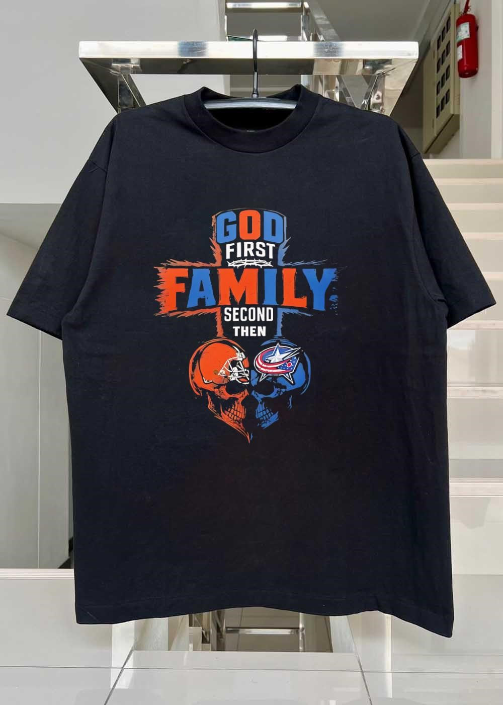 God First Family Second Then Cleveland Browns And Columbus Blue Jackets Skull shirt