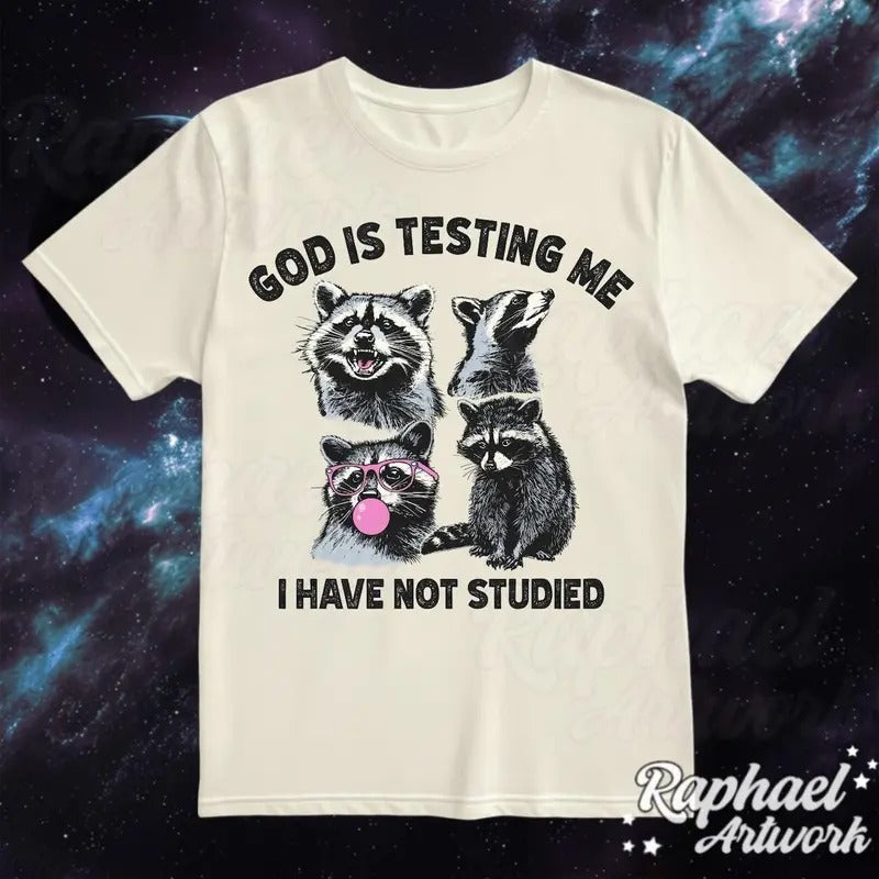 God Is Testing Me And I Have Not Studied Vintage Shirt, Funny Silly Racoon Tshirt, Oversized Unhinged 90s Graphic Tee,...