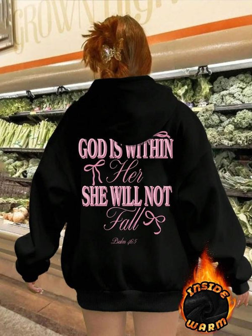 "God Is Within Her - Psalm 46:5" Religious Hoodie - Women's Black Fleece-Lined Oversized Sweatshirt T-Shirts