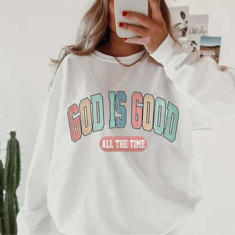 God is Good Varsity Sweatshirt, Cotton Unisex Sweatshirt Direct to Garment Printed In the USA Casual and Comfortable...
