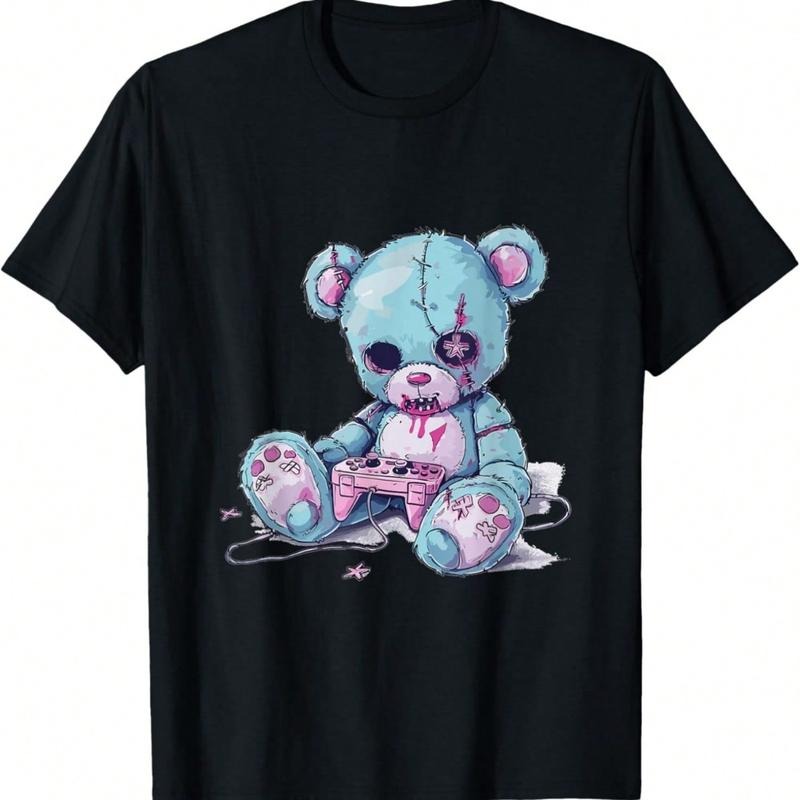 Goth Pastel Cute Creepy Kawa Gamer Teddy Bear Gaming T-Shirt Cotton Menswear Fabric Festival Black Short Sleeve Round...