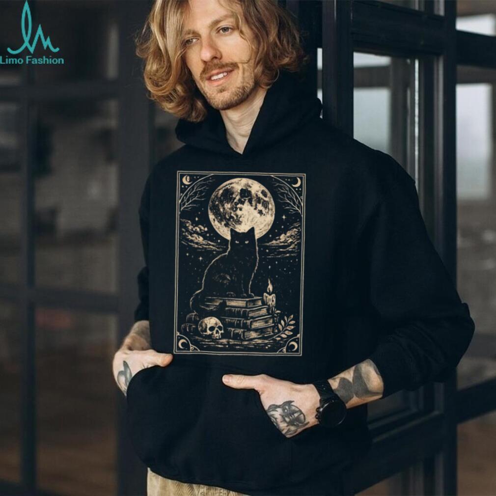 Gothic Black Cat on Ancient Books Full Moon Occult Dark Academia T Shirt