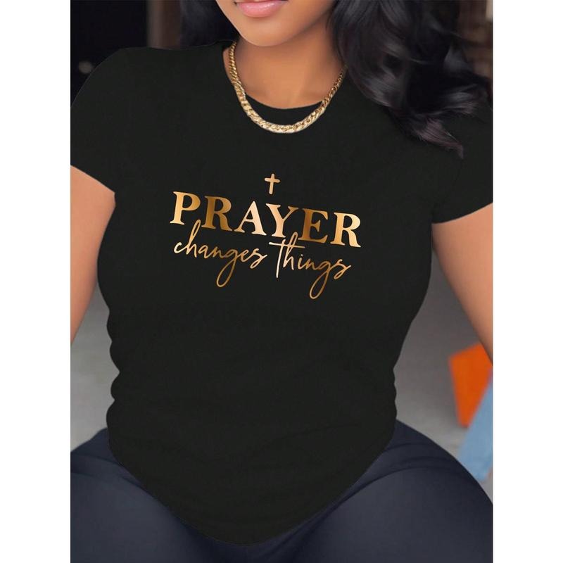 Gradient Print English Letter T-Shirt For Spring And Summer PRAYER Changes Things Graphic Tees Women Tops Printed Hoodie,...