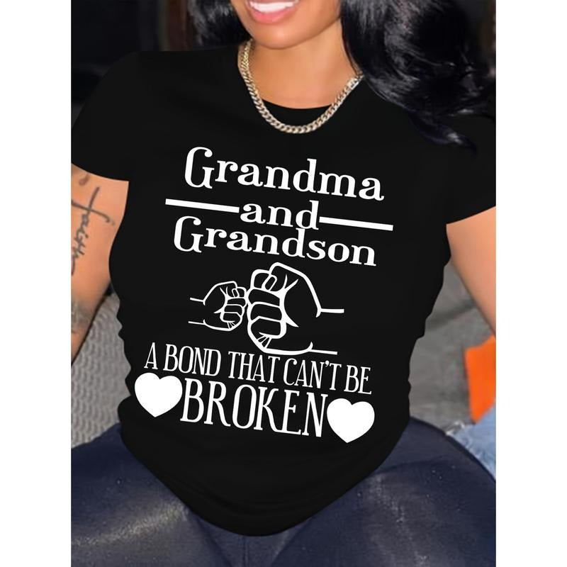 Grandma And Grandson Print Crew Neck T-shirt, Short Sleeve Casual Top For Summer & Spring, Women's Clothing Hoodie,...
