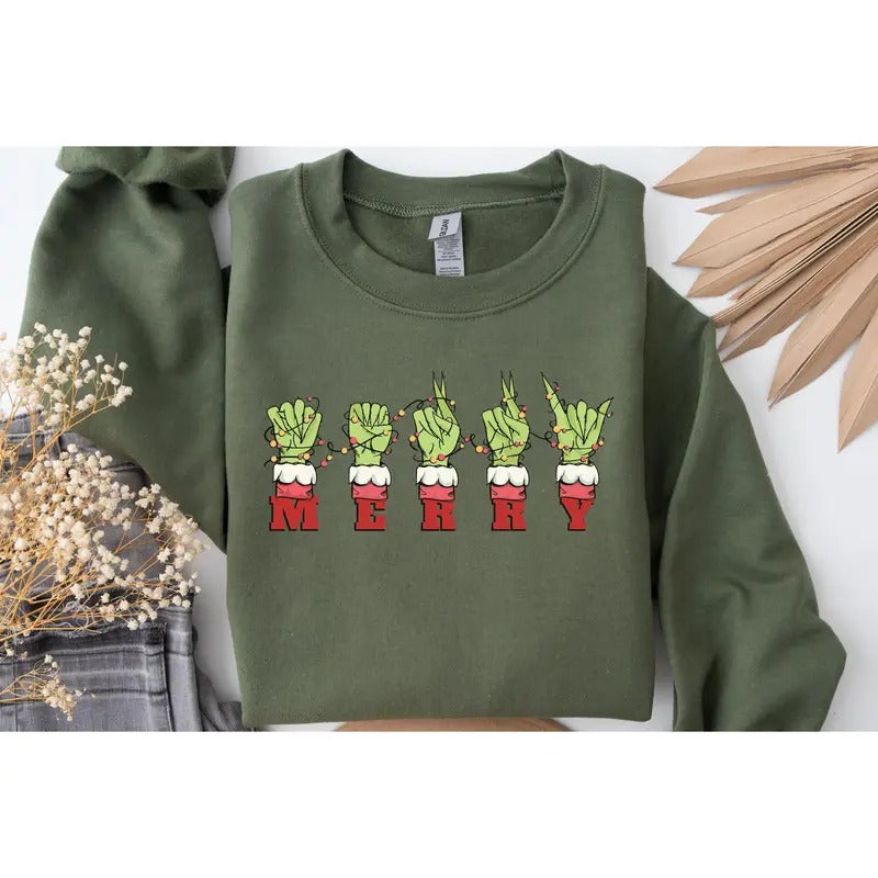 Green Hand Asl Merry Christmas Sign Language Shirt Green Face Shirt Funny Christmas Sweatshirt Family Christmas Party Tee...