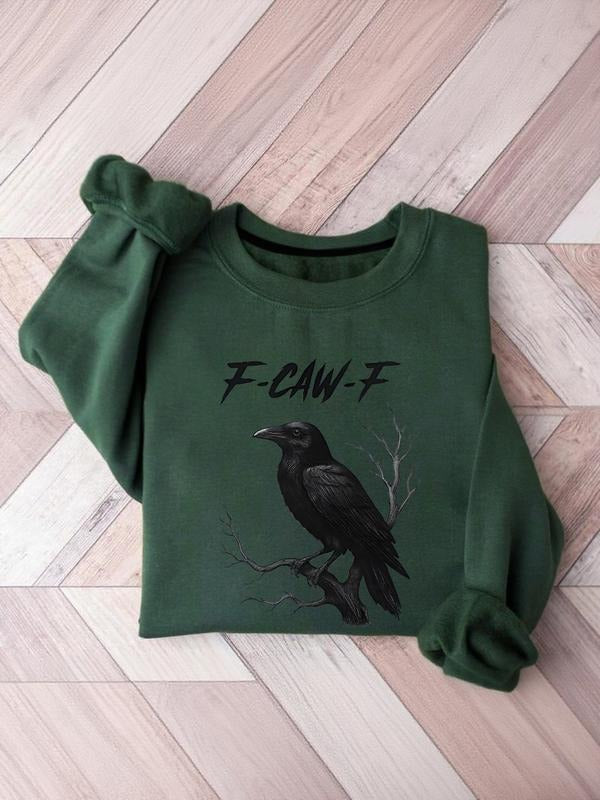Green Oversized Women's Sweatshirt - Dark Gothic "F-CAW-F" Raven Bird Graphic Casual Crewneck T-Shirts, Hoodie