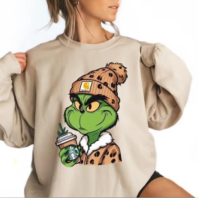 Grinch Boujee Christmas Sweatshirt, Cute Grinch Leopard Shirt , Grinchmas Coffee Sweatshirt Cotton Comfort Hoodie