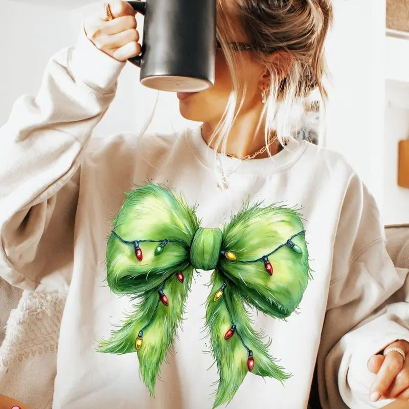 Grinchmas Coquette Bow Sweatshirt, Green Fur Shirt, Christmas Lights Bow Sweater, Green guy, Christmas, Retro Christmas...