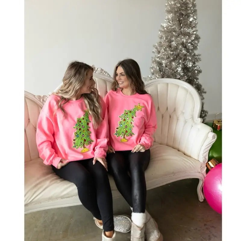 Grinchyyy Tree Chenille Patch Sweatshirt | Holiday Christmas Sweatshirt T-Shirts, Hoodie | UrbanDripWear.com