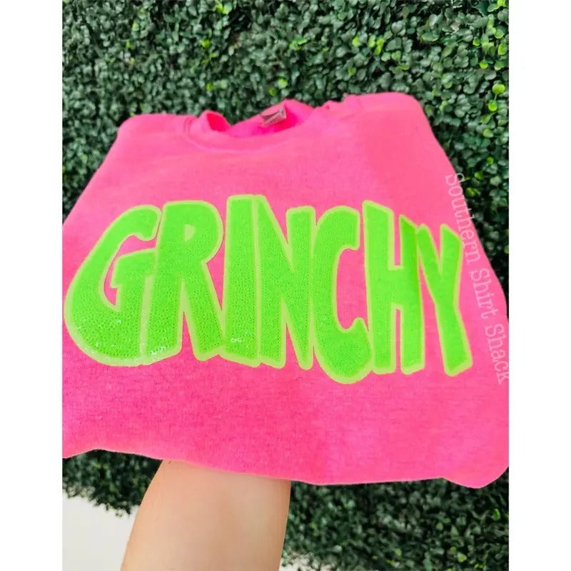 Grinchyyyy Sequin Patch Sweatshirt | Holiday Christmas Sweatshirt T-Shirts, Hoodie | UrbanDripWear.com