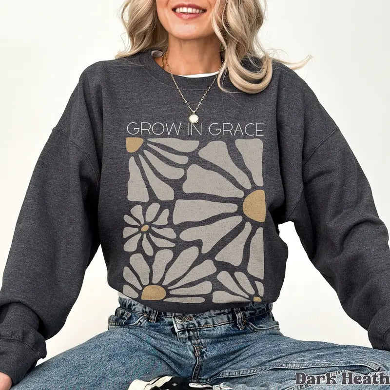 Grow In Grace Sweatshirt, Boho Flowers Sweater, Minimalist Wildflowers Shirt, Unisex Sweatshirt, Gifts For Teens Girl...