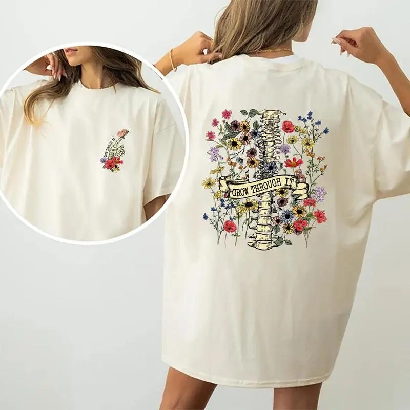 Grow Through It Tee, Motivational Graphic Tee Women, Spine Floral Printed Women Tops, Motivational Unisex Shirt, Flower...