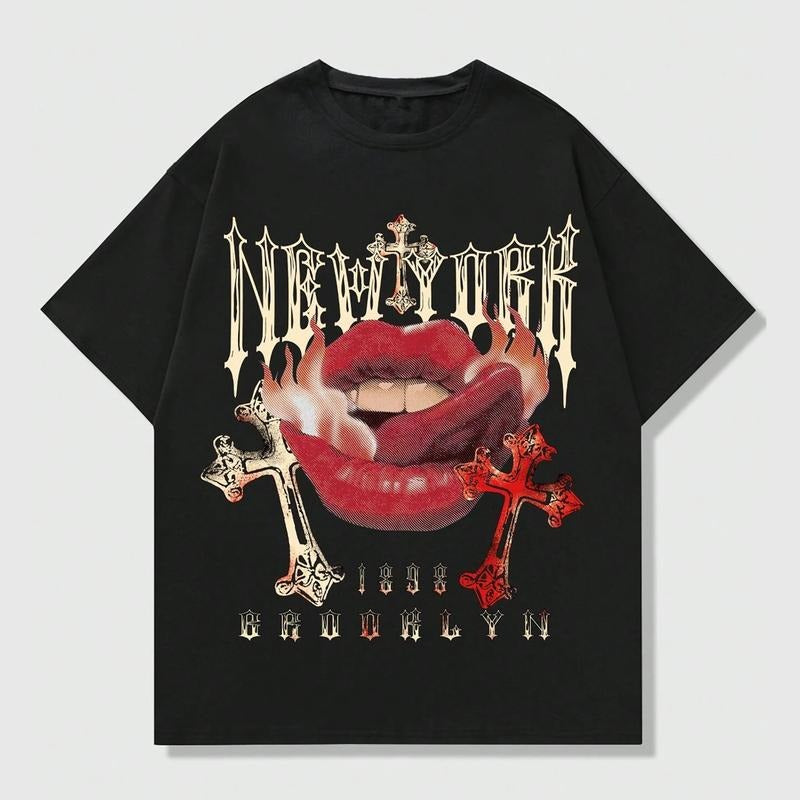 Grunge Punk Cross Lips Y2k Graphic Print T-Shirt Top Tee Streetwear Oversized Hoodie, Sweatshirt | UrbanDripWear.com