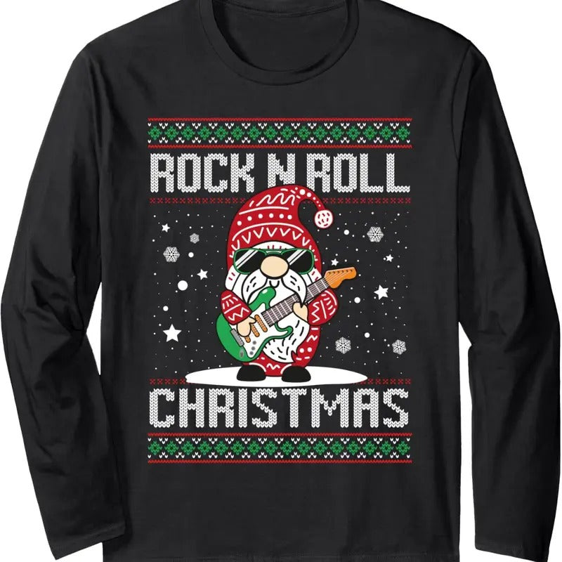 Guitarist Santa Gnome Guitar Rock n Roll Xmas Ugly Christmas Long Sleeve T-Shirt Hoodie, Sweatshirt | UrbanDripWear.com