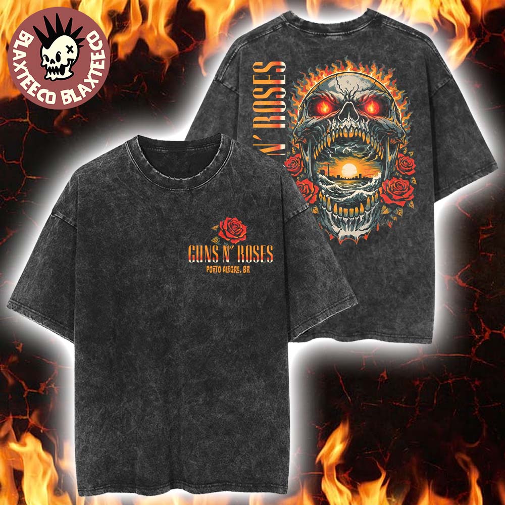 Guns N Roses Porto Alegre Brazil 2026 Venue Merch Tee At Jockey Club On April 1 2026 Flaming Skull Vintage Washed Tee