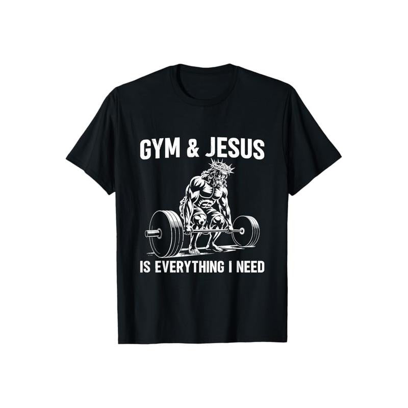 Gym and Jesus Christian Weight Lifting T-Shirt Casual Style Crew Neck Short Sleeve T-Shirt Tops Trendy for Unisex,...