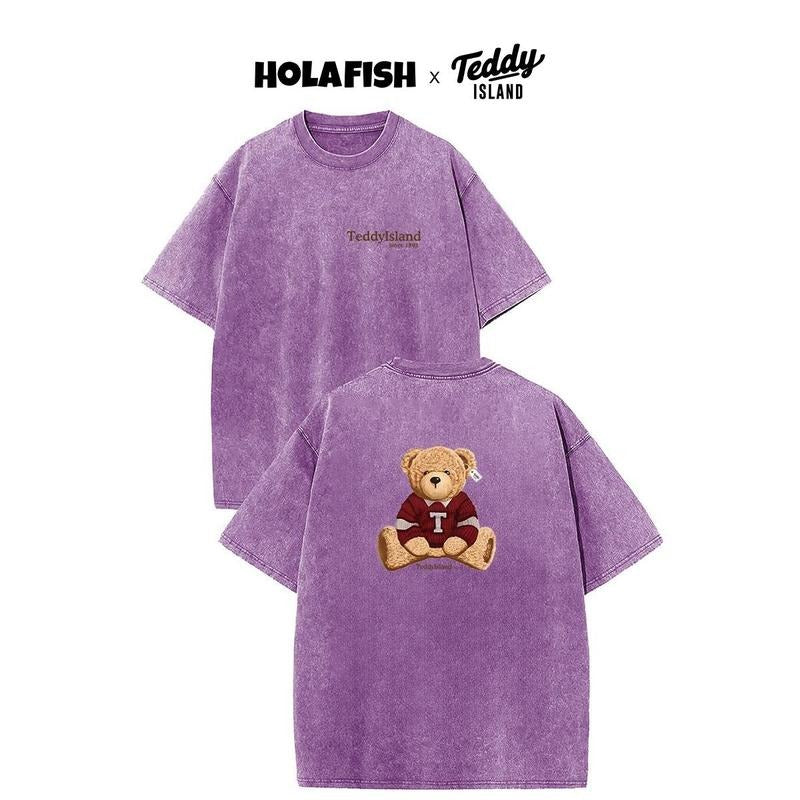 HOLAFISH Oversized Men's Teddy Bear Print T-Shirts Acid Washed Basic Graphic Casual Crew Neck Short Sleeve Summer Loose...