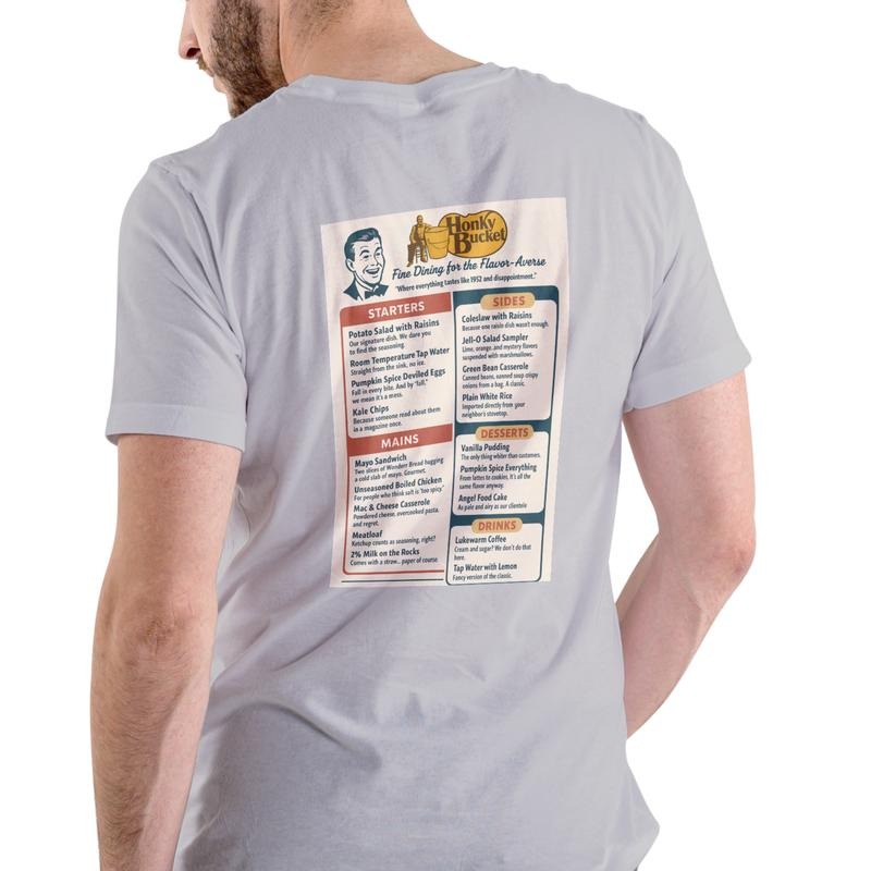 HONK BUCKET Menu T Shirt Unisex Cotton Graphic Tee with Detailed Menu Design on Back Hoodie, Sweatshirt | UrbanDripWear.com
