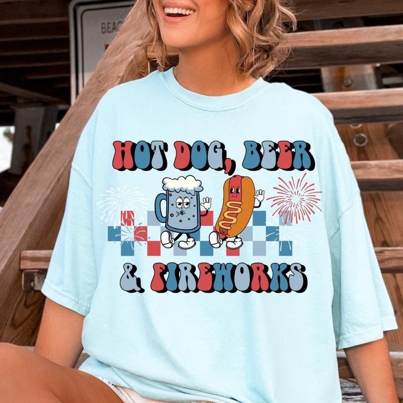 HOT DOG BEER AND FIREWORKS USA SHIRT, 4TH OF JULY MEN SHIRT, UNISEX COTTON SHIRT, OVERSIZED HOLIDAY SUMMER SHIRT Fabric...
