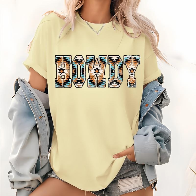 HOWDY AZTEC TSHIRT Graphic Tops, Cowgirl Pattern Short Sleeve T shirt, Howdy Western Vibes Tee, Cotton Tshirt Hoodie,...