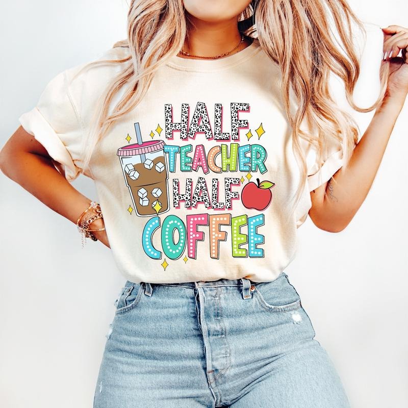 Half Teacher Half Coffee T-Shirt,Funny Teacher T-Shirt,Dalmatian Doodle Dots,Retro Teacher,Back to School T-Shirt,Teacher...