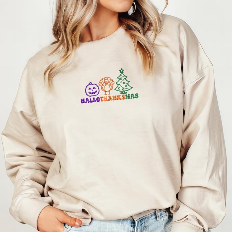 Hallothanksmas Embroidered Sweatshirt, Halloween Sweater, Fall Gift, Halloween Thanksgiving Christmas Embroidery, Cute...