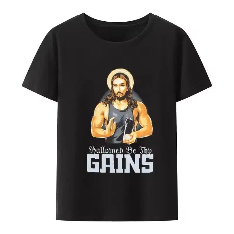 Hallowed Be Thy Gains Funny Muscle Jesus Weight Lifting Work Out Humor Vintage Graphic T-shirt Leisure Comfortable...