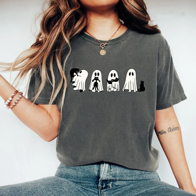Halloween Black Cat & Ghost Shirt, Halloween Ghost Tshirt, Spooky Season Cat Tee, Halloween Cute Women Outfit, Halloween...