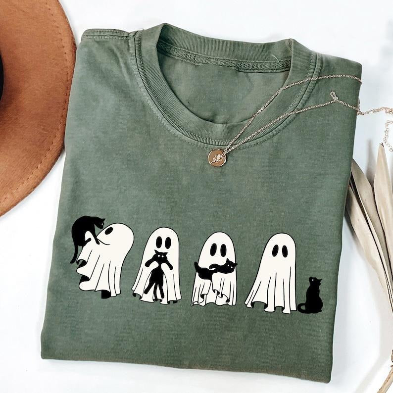 Halloween Black Cat & Ghost Shirt, Halloween Ghost Tshirt, Spooky Season Cat Tee, Halloween Cute Women Outfit, Halloween...