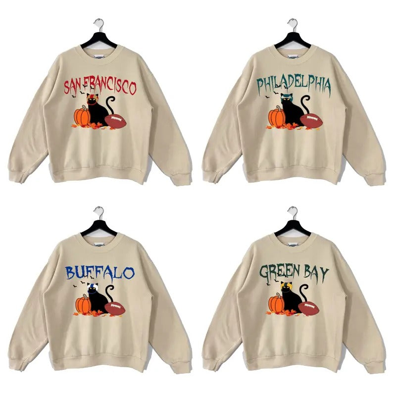 Halloween Black Cat Football Sweatshirt Color Sand, Football Sweatshirt T-Shirts, Hoodie | UrbanDripWear.com